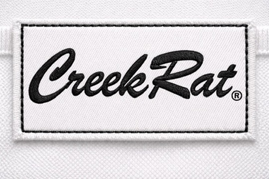 White CreekRat Topanga CA embroidered label with black border